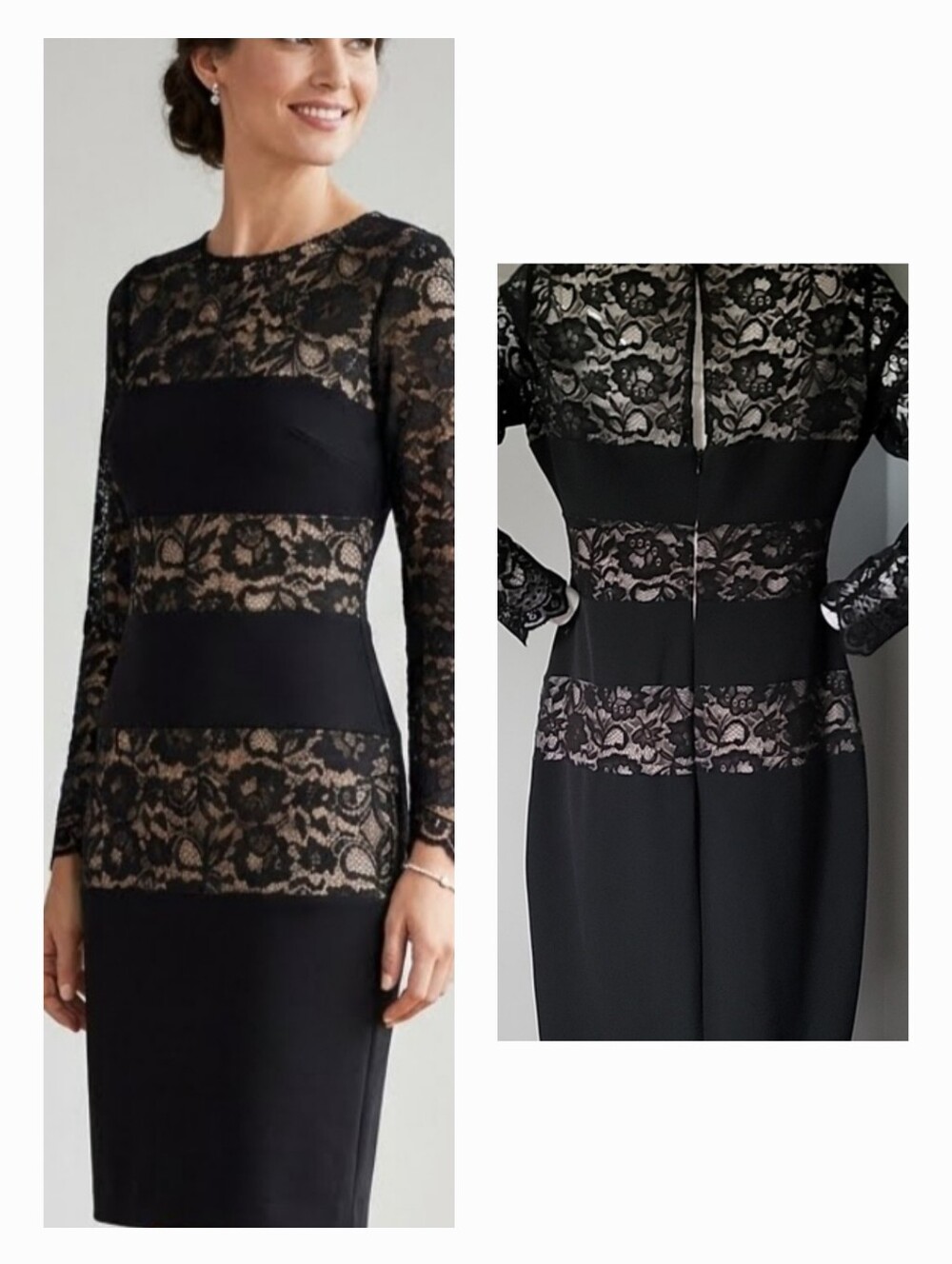 London Times Black Lace-Panel Long Sleeve Sheath Dress